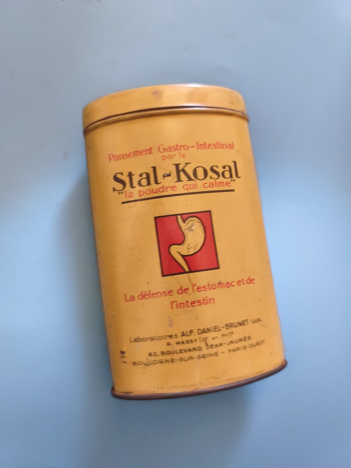 Ancienne boîte publicitaire vintage en métal Stal-Kosal petit format rétro déco