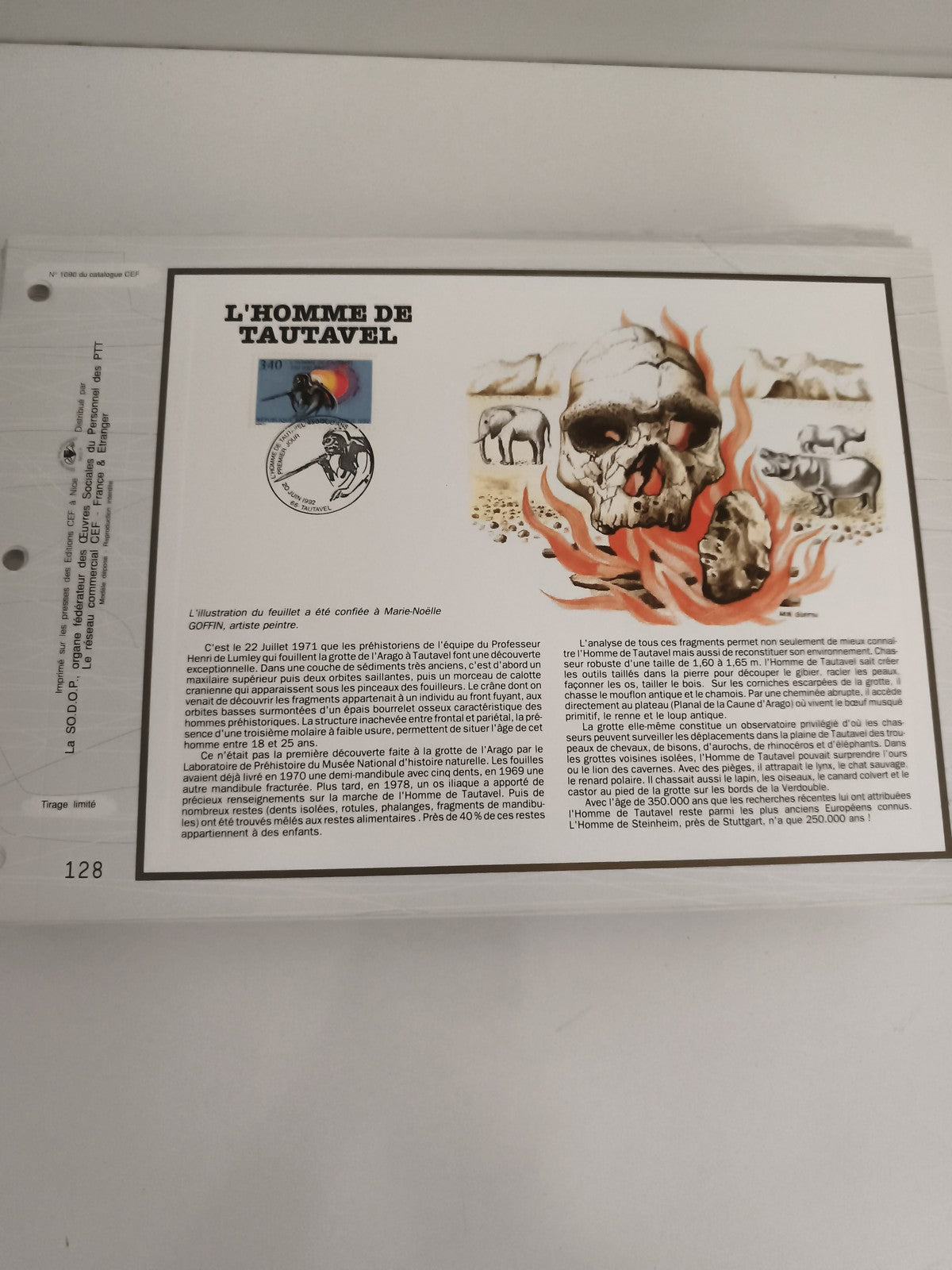Feuillet CEF L'Homme de Tautavel philatélie oblitéré illustration préhistoire