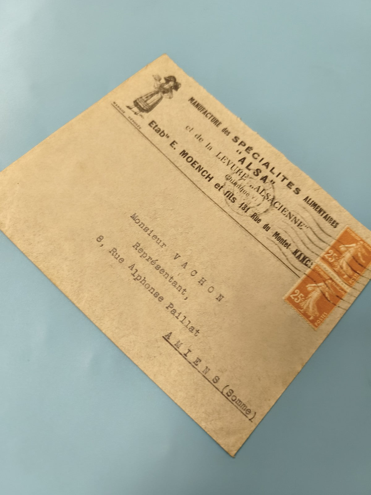Ancienne enveloppe publicitaire Alsace timbres oblitérés 25c orange philatélie