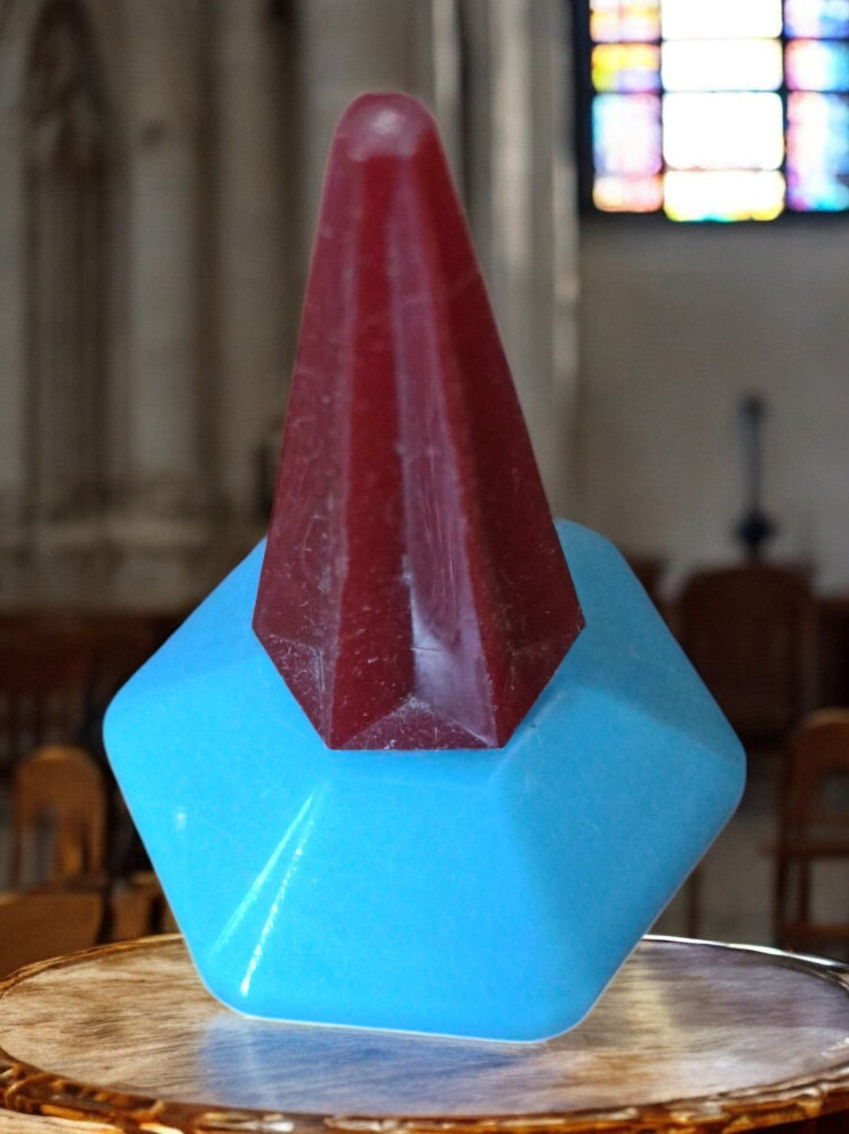 Flacon parfum vintage géométrique bleu rouge, miniature ancien, déco rétro