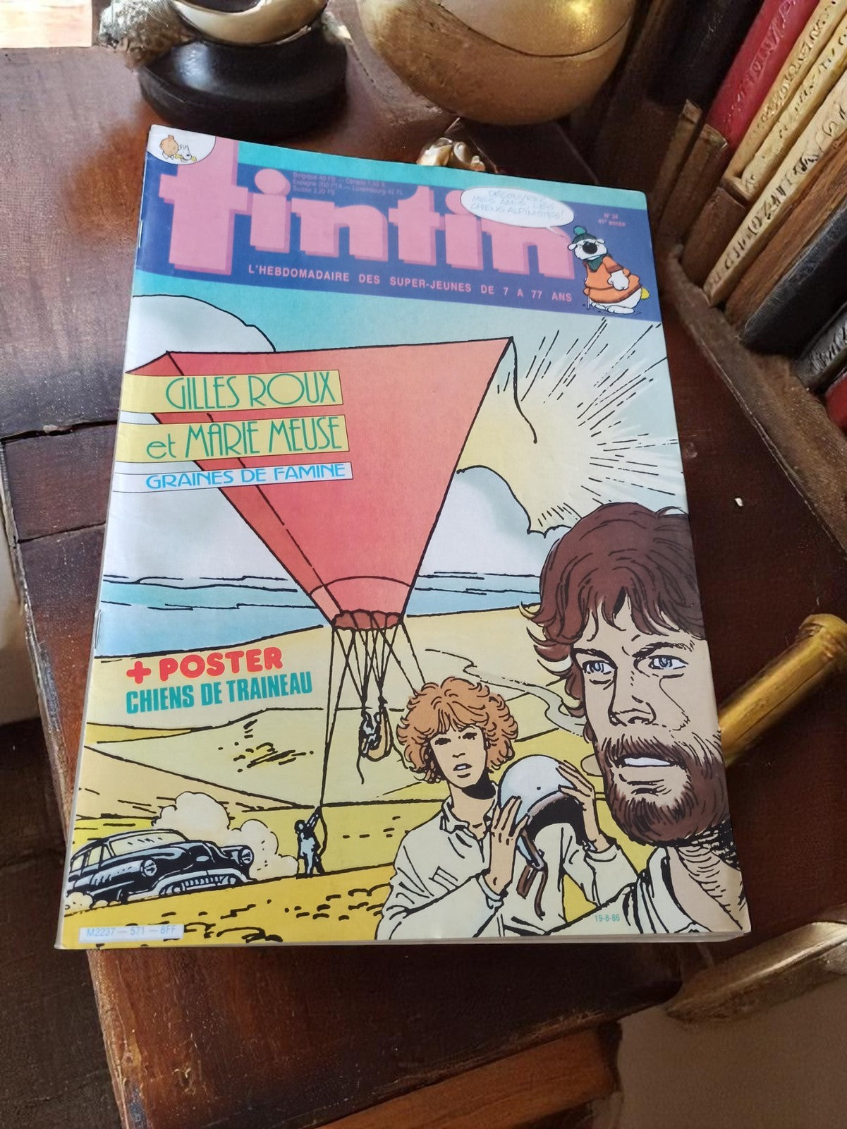 Magazine Tintin ancien 1986 + poster, édition vintage, couverture Gilles Roux