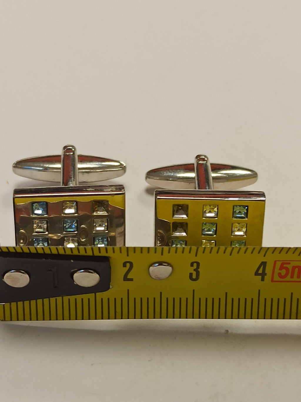 Boutons de manchette vintage carré, finition métal, strass bleus rétro chic