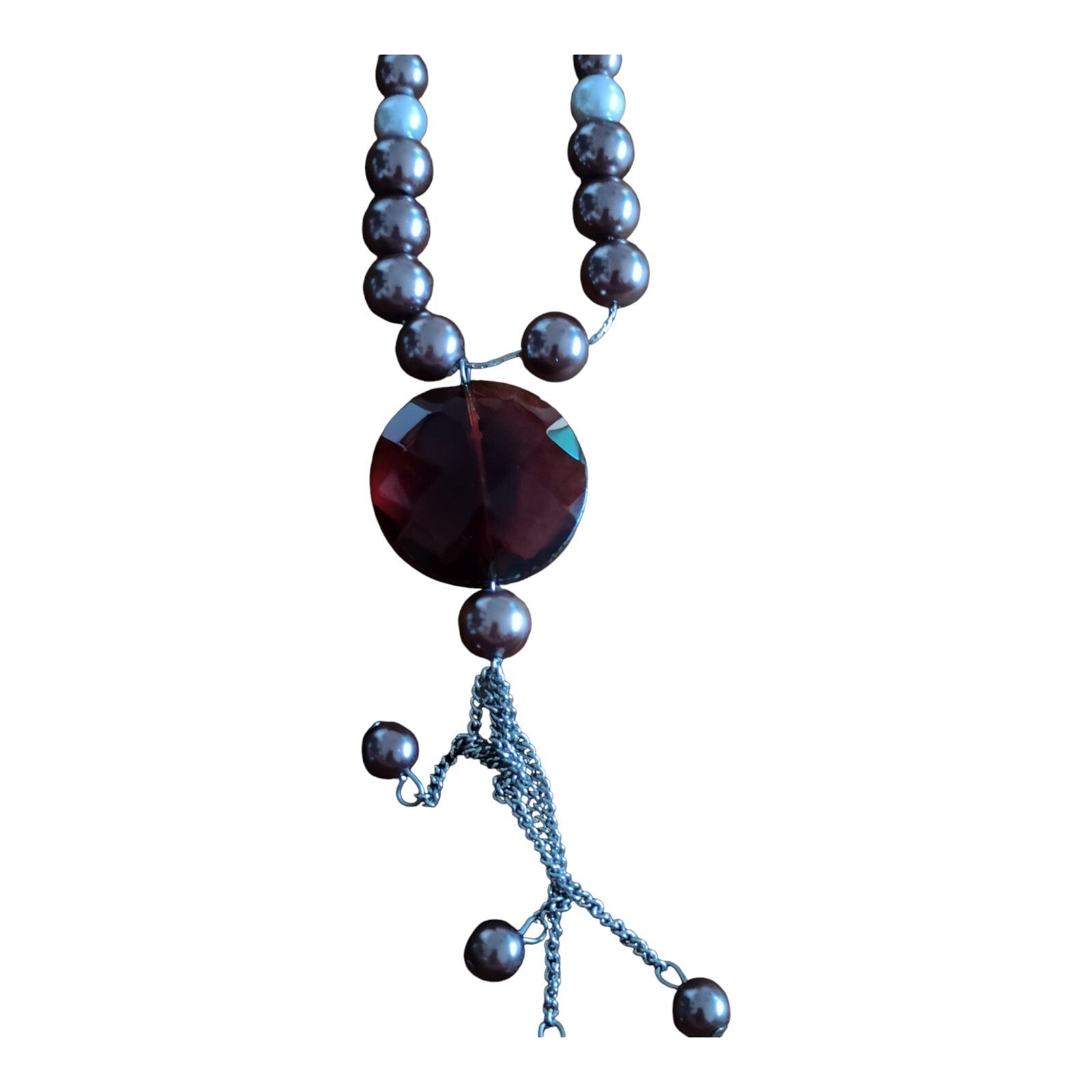 Collier vintage fantaisie signé perles et pendentif cristal rouge unique