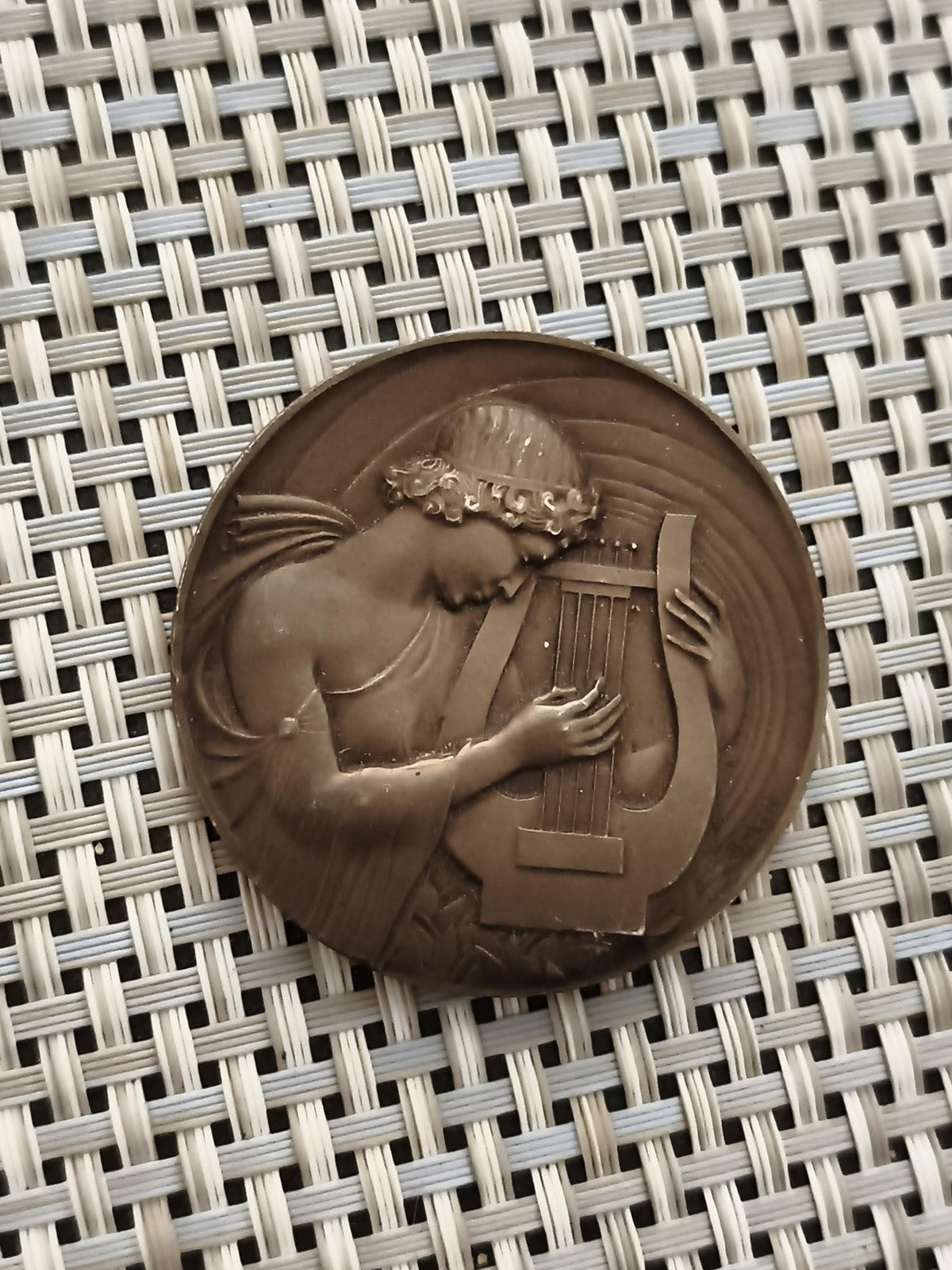Ancienne médaille bronze musicien lyre Art déco vintage récompense