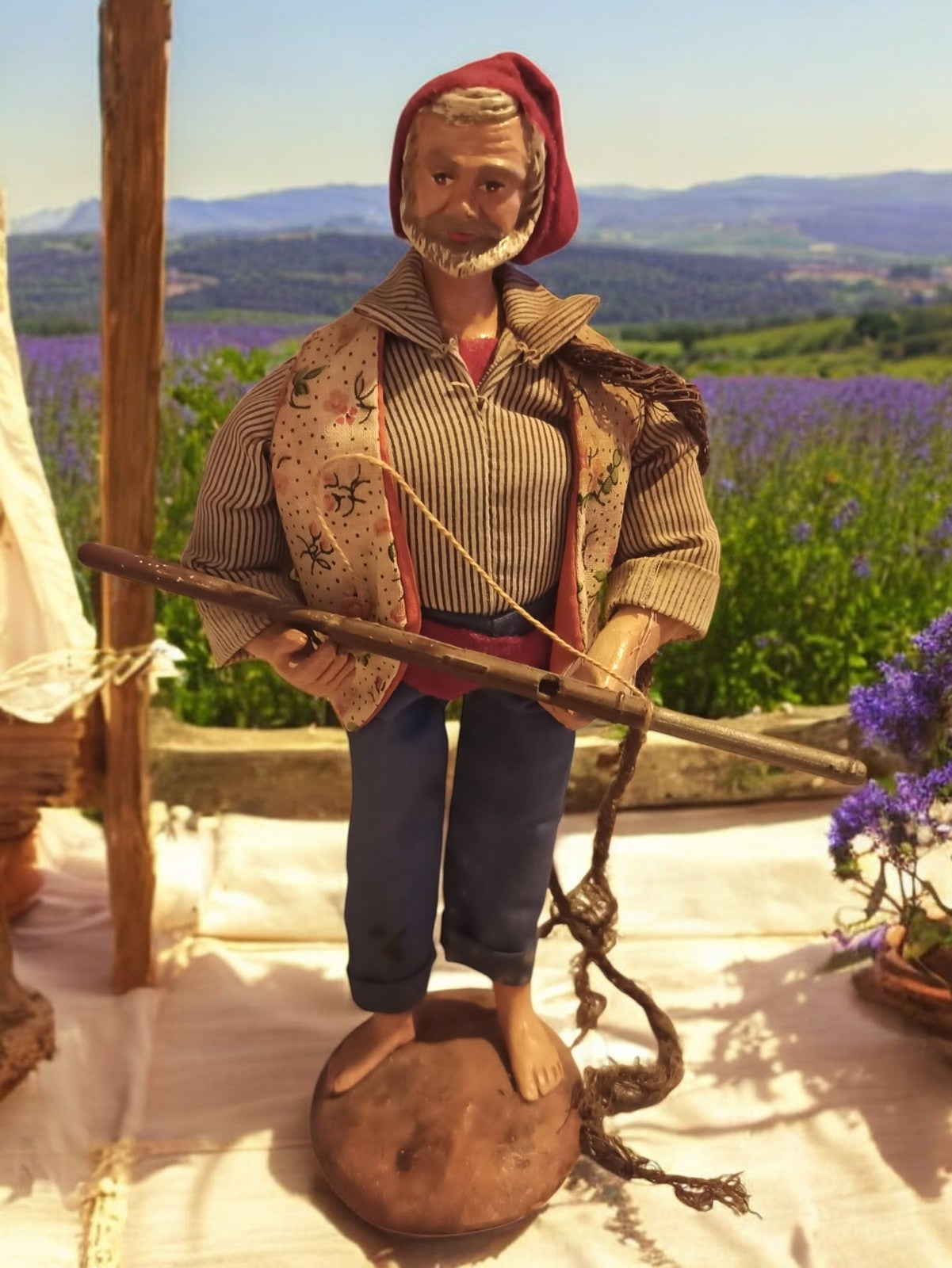 Santon ancien Provence signé argile 25cm pêcheur costume d'époque vintage