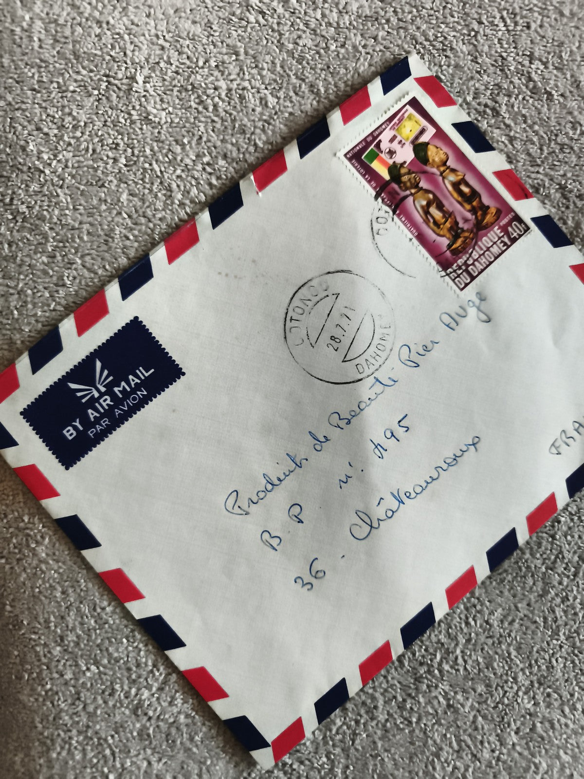 Lettre avion affranchie Dahomey 1971, timbre 40F, cachet Cotonou philatélie