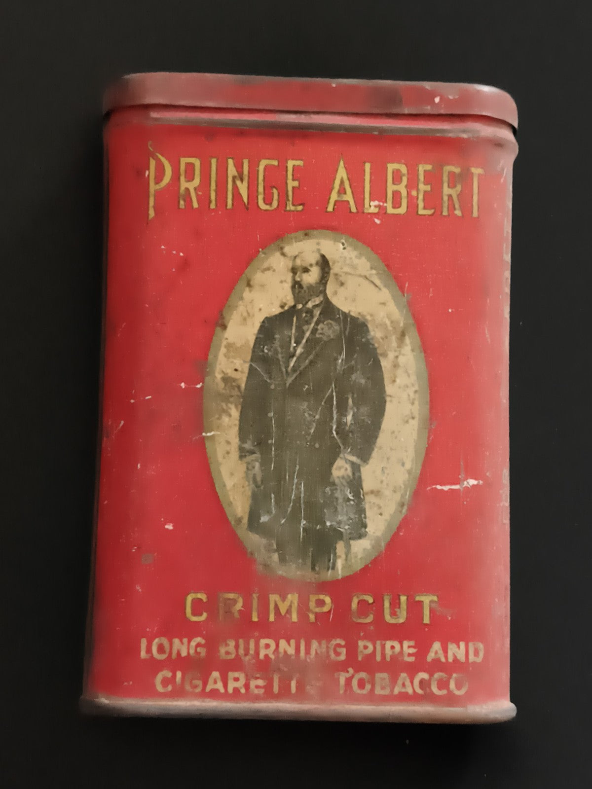 Boîte tabac ancienne Prince Albert Crimp Cut rouge vintage déco USA