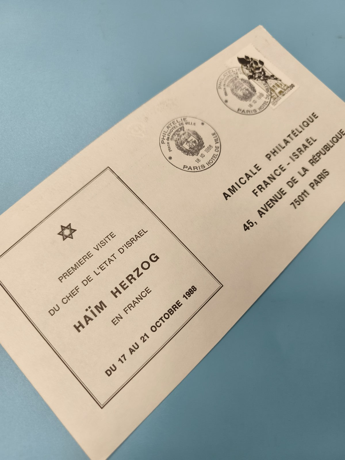 Enveloppe premier jour FDC Haïm Herzog 1988 France-Israël timbre Paris