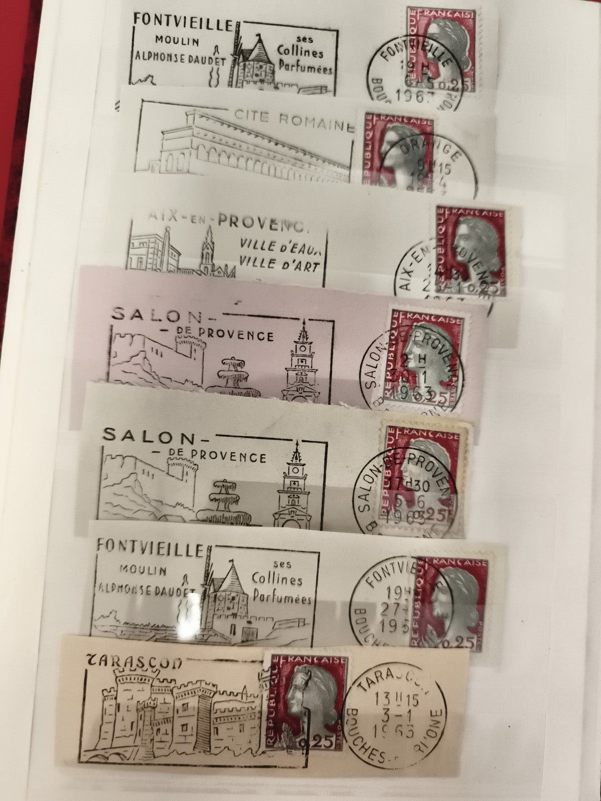 Timbres oblitérés Marianne 0,25 F Provence, cachets illustrés, lot philatélie