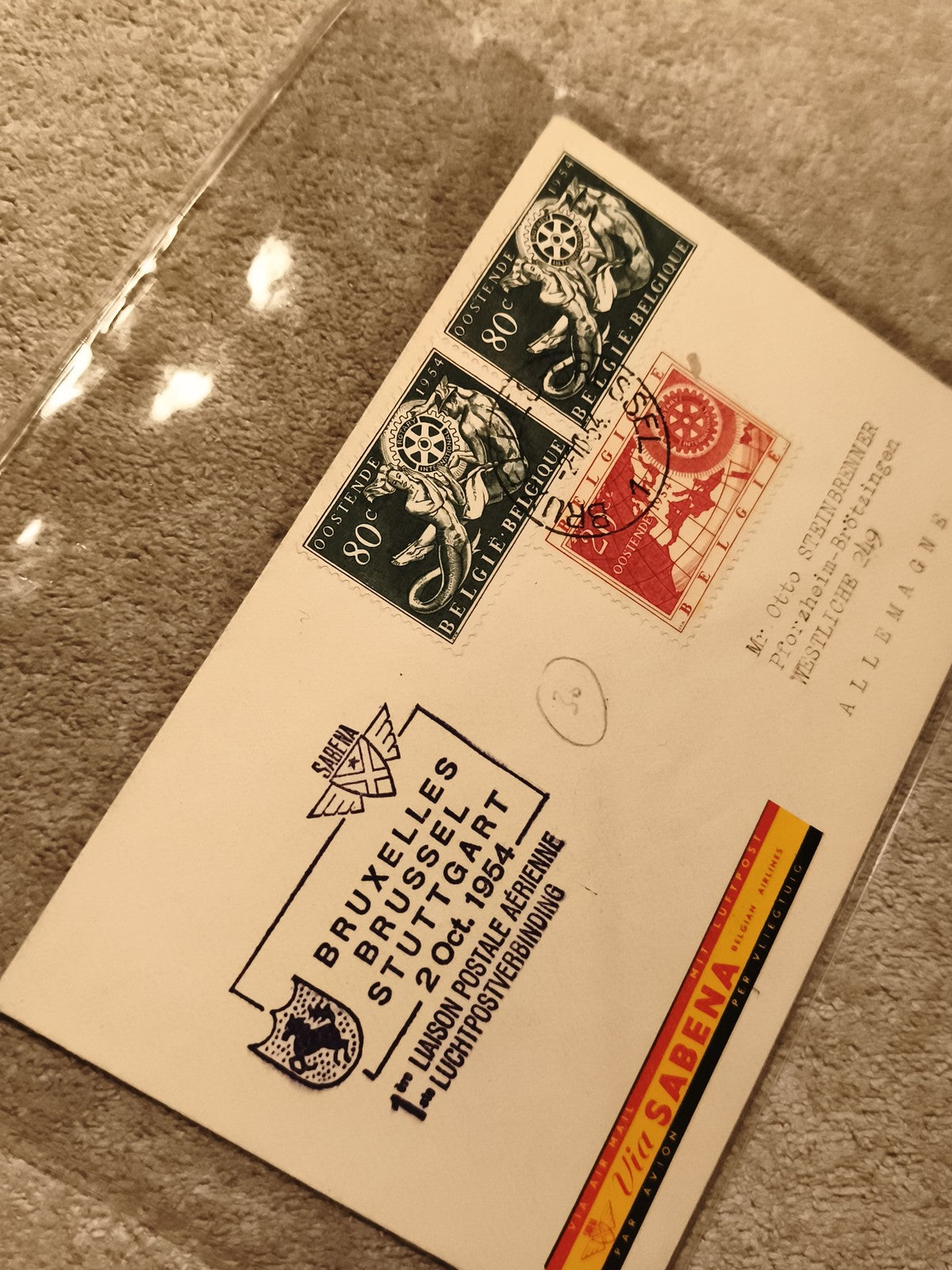Lettre philatélique Belgique 1954 Sabena Bruxelles Stuttgart affranchie cachets