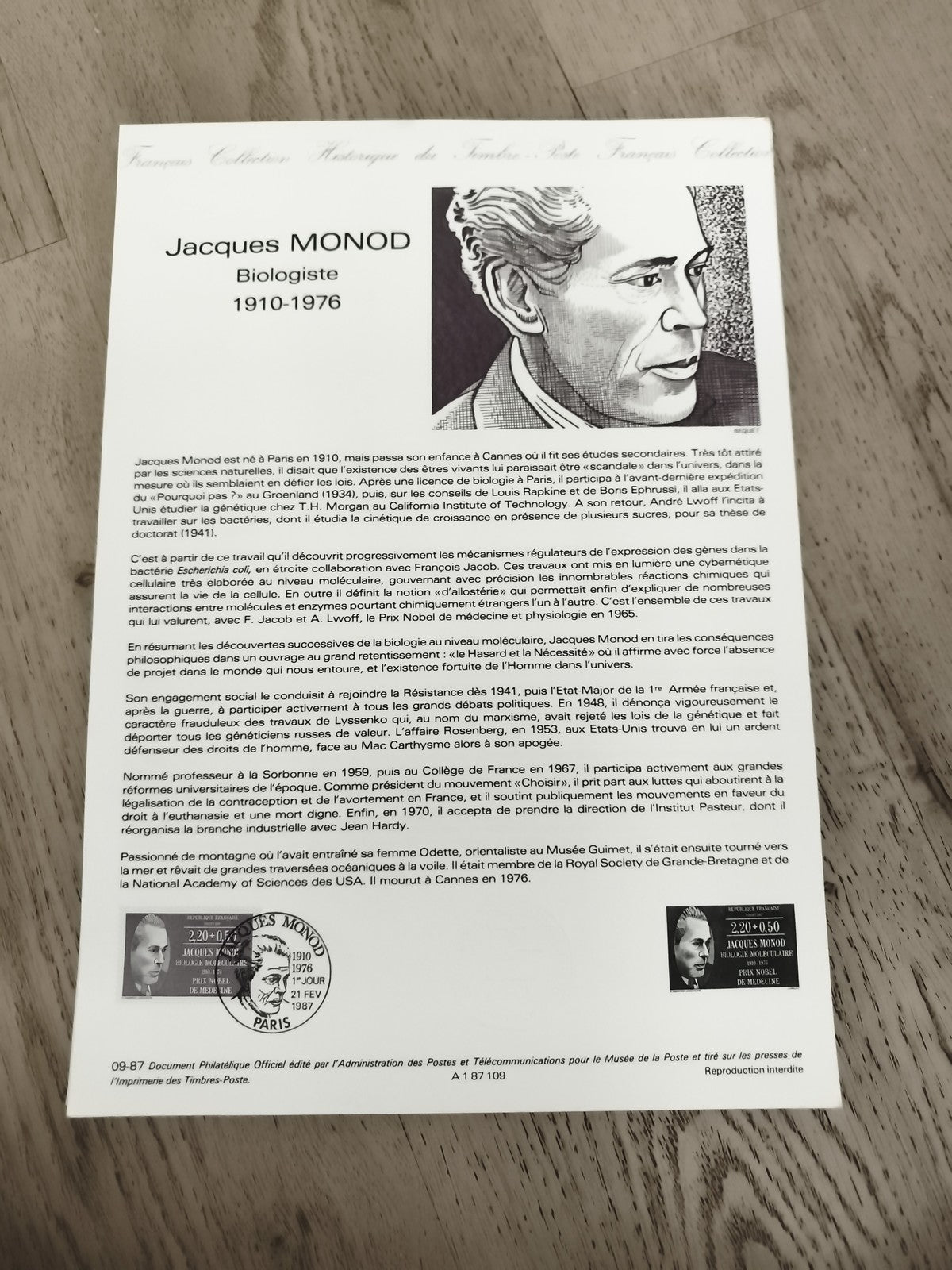 Carte philatélique Jacques Monod biographie timbre oblitéré Paris 1987