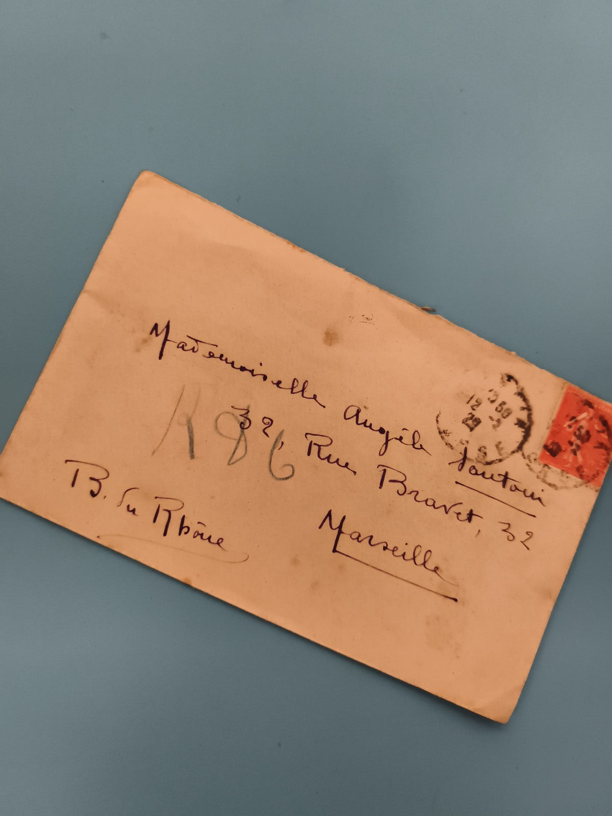 Lettre ancienne oblitérée timbre rouge Marseille philatélie (Ref 3)