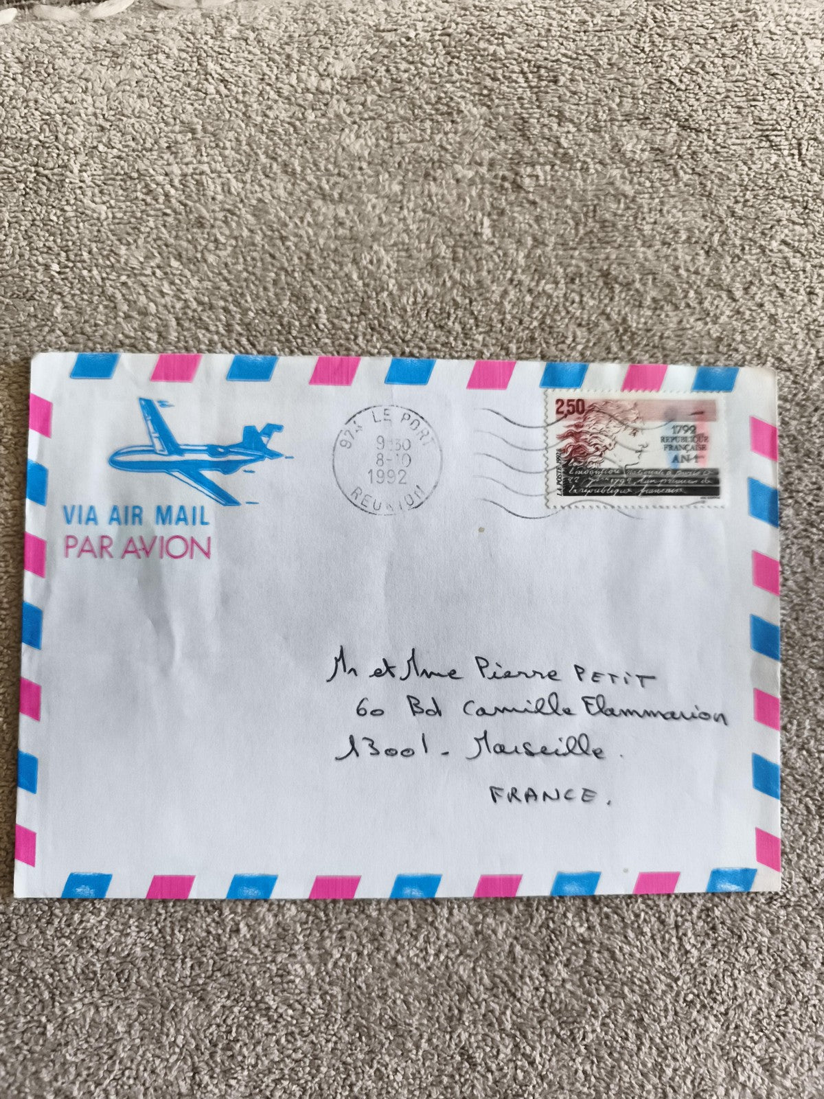 Lettre affranchie La Réunion 1992 timbre Marianne 250f par avion philatélie