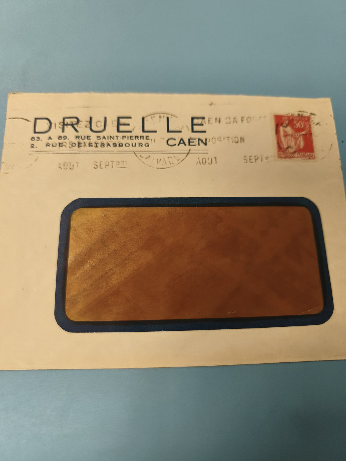 Ancienne enveloppe oblitérée début XXe vitrophanie rouge 50c Caen philatélie