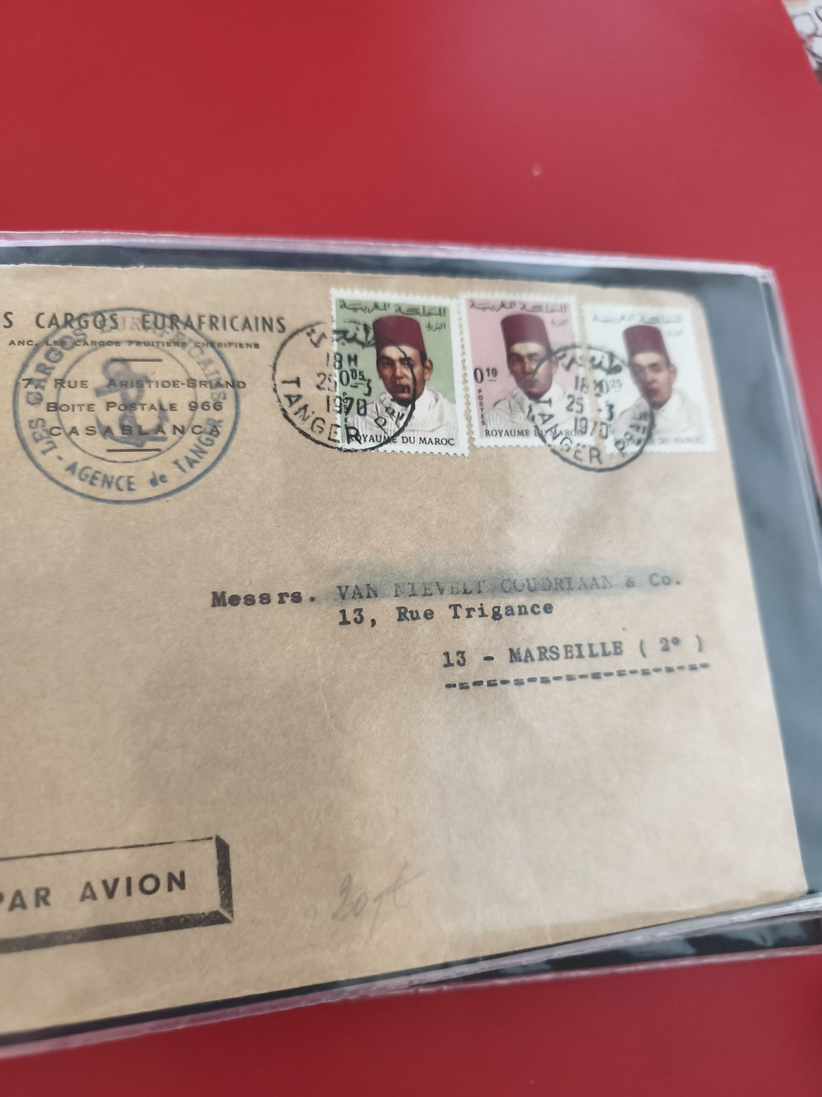 Ancienne enveloppe oblitérée Maroc 1970, timbres Roi Hassan II, philatélie vinta