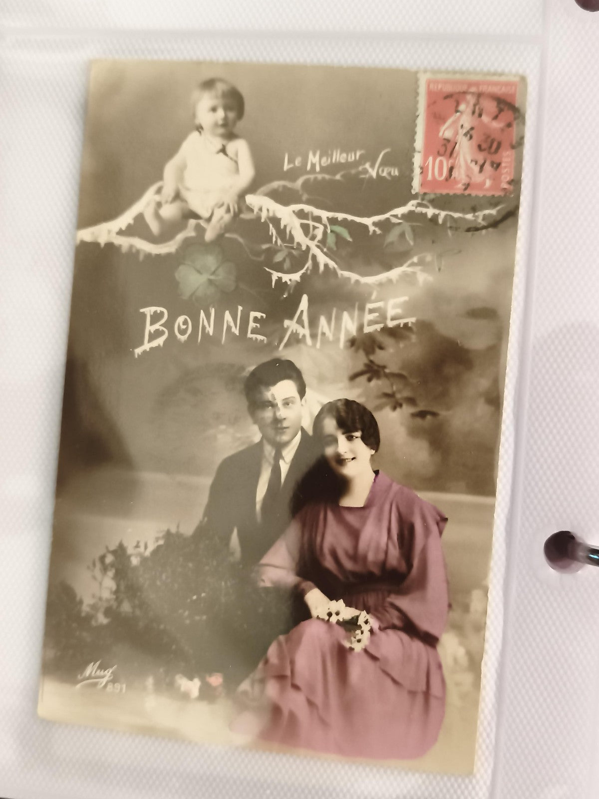 Carte postale ancienne Bonne Année photo couple enfant colorisée CPA