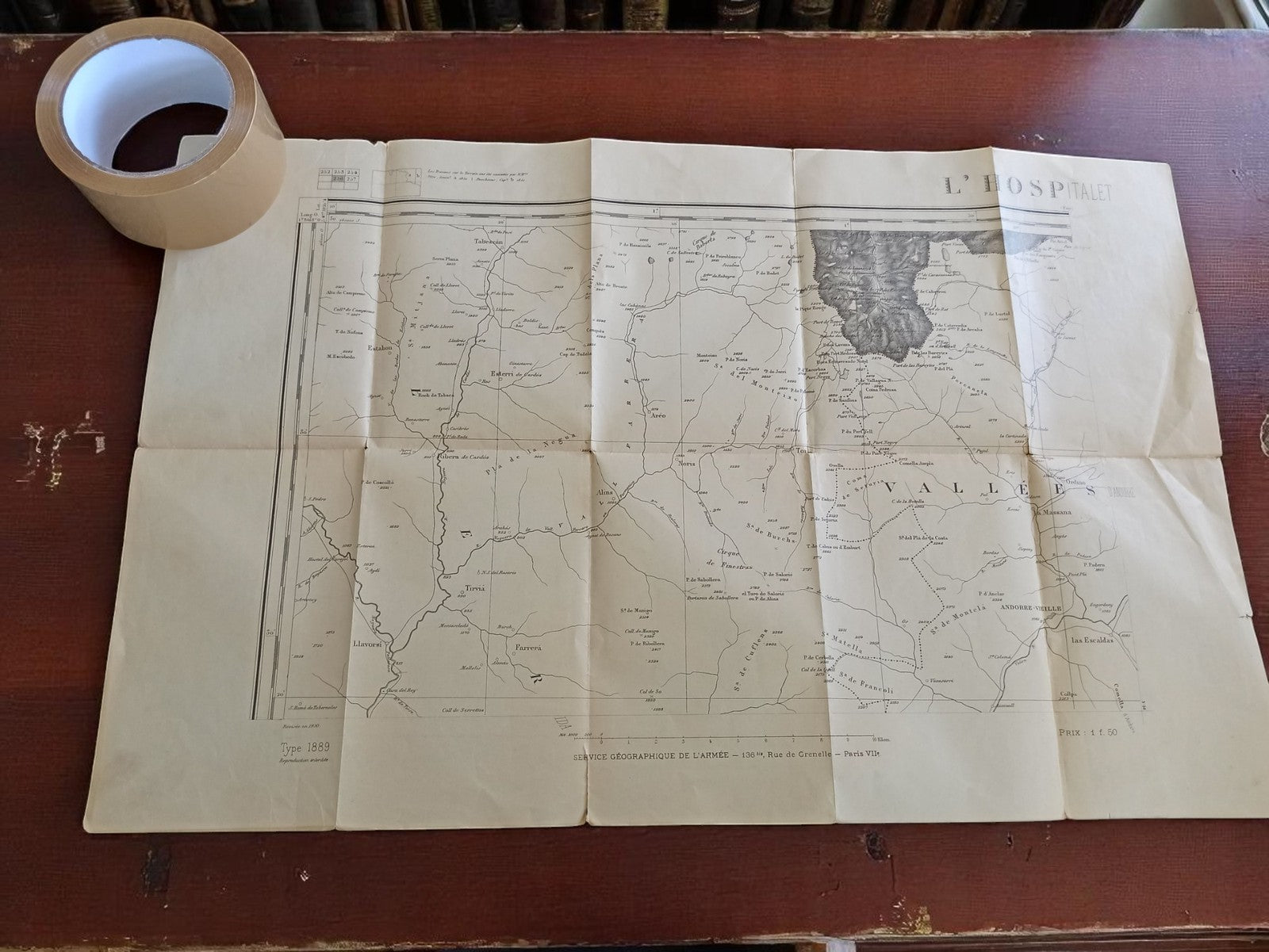 Grande carte vintage pliée L'Hospitalet ancienne, géographie militaire France