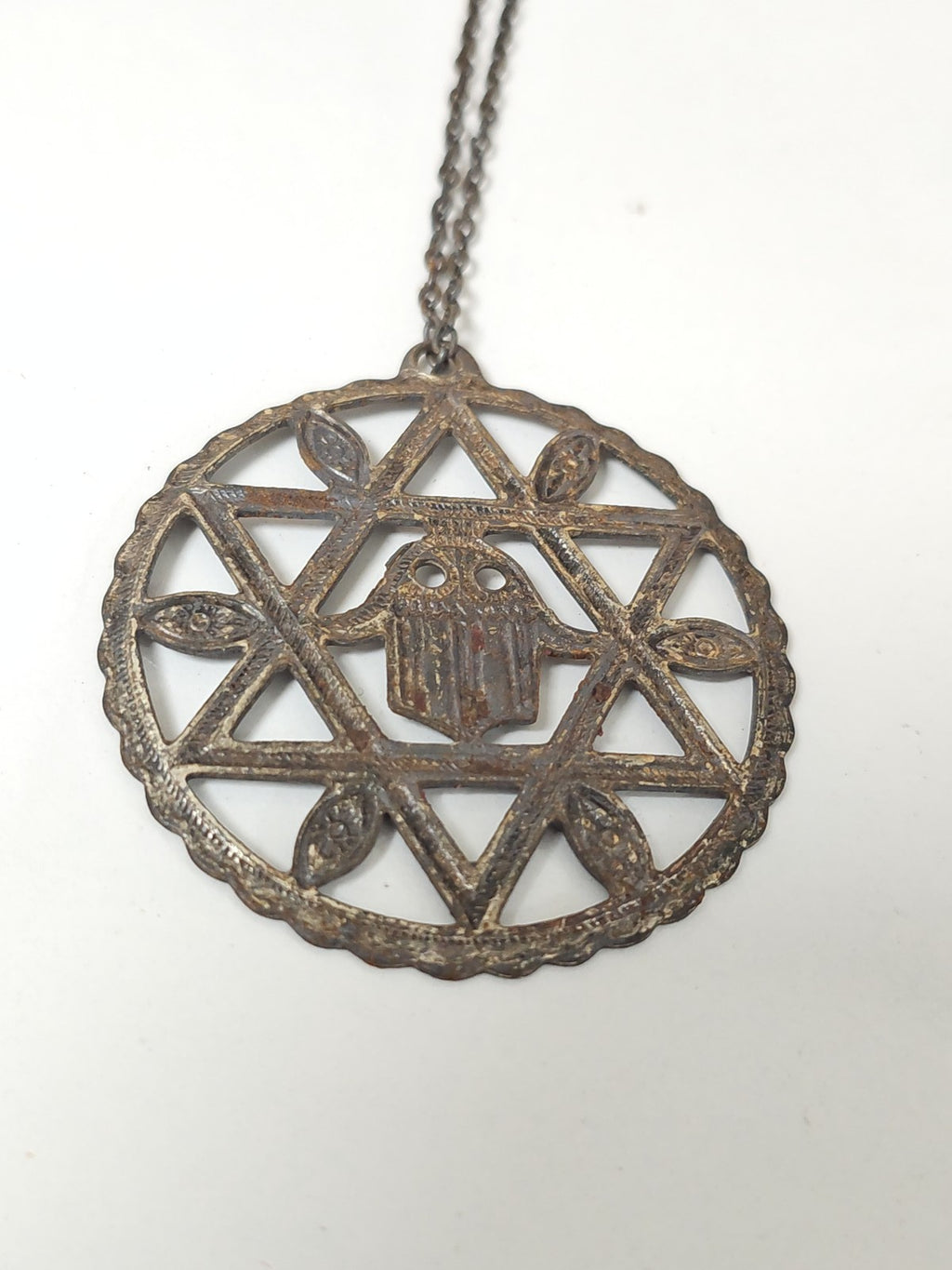 Vintage antique Fatima hand pendant necklace large size retro jewelry collect