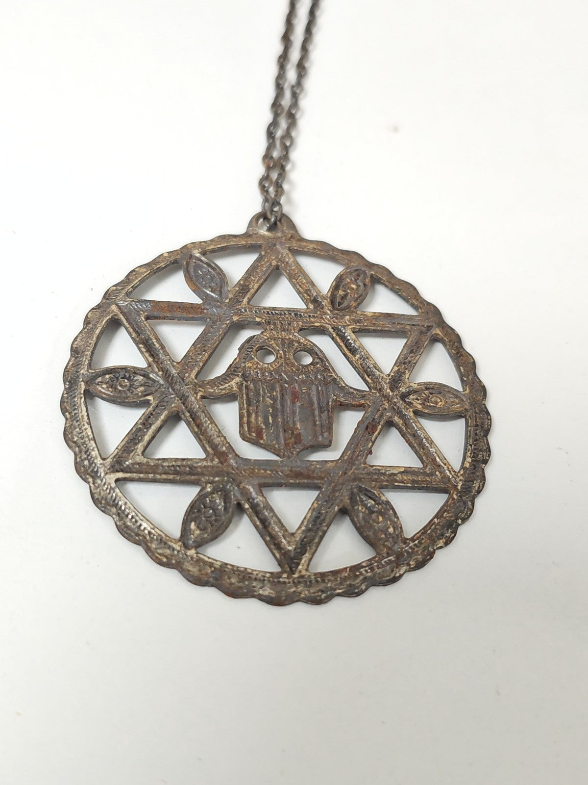 Vintage antique Fatima hand pendant necklace large size retro jewelry collect