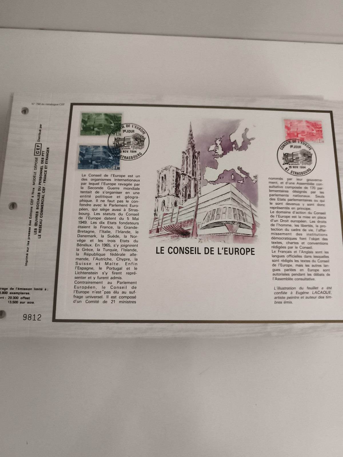 Feuillet philatélique CEF Conseil de l’Europe Strasbourg 1984 timbres oblitérés