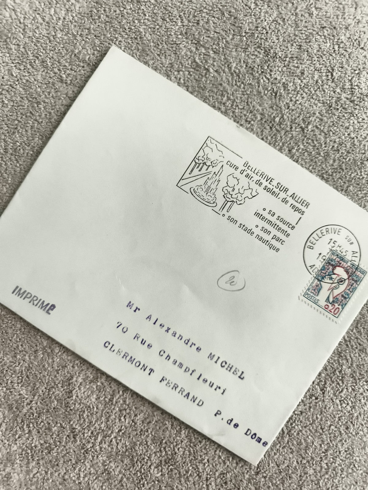 Lettre oblitérée Bellerive-sur-Allier 1961 timbre Marianne imprimé philatélie