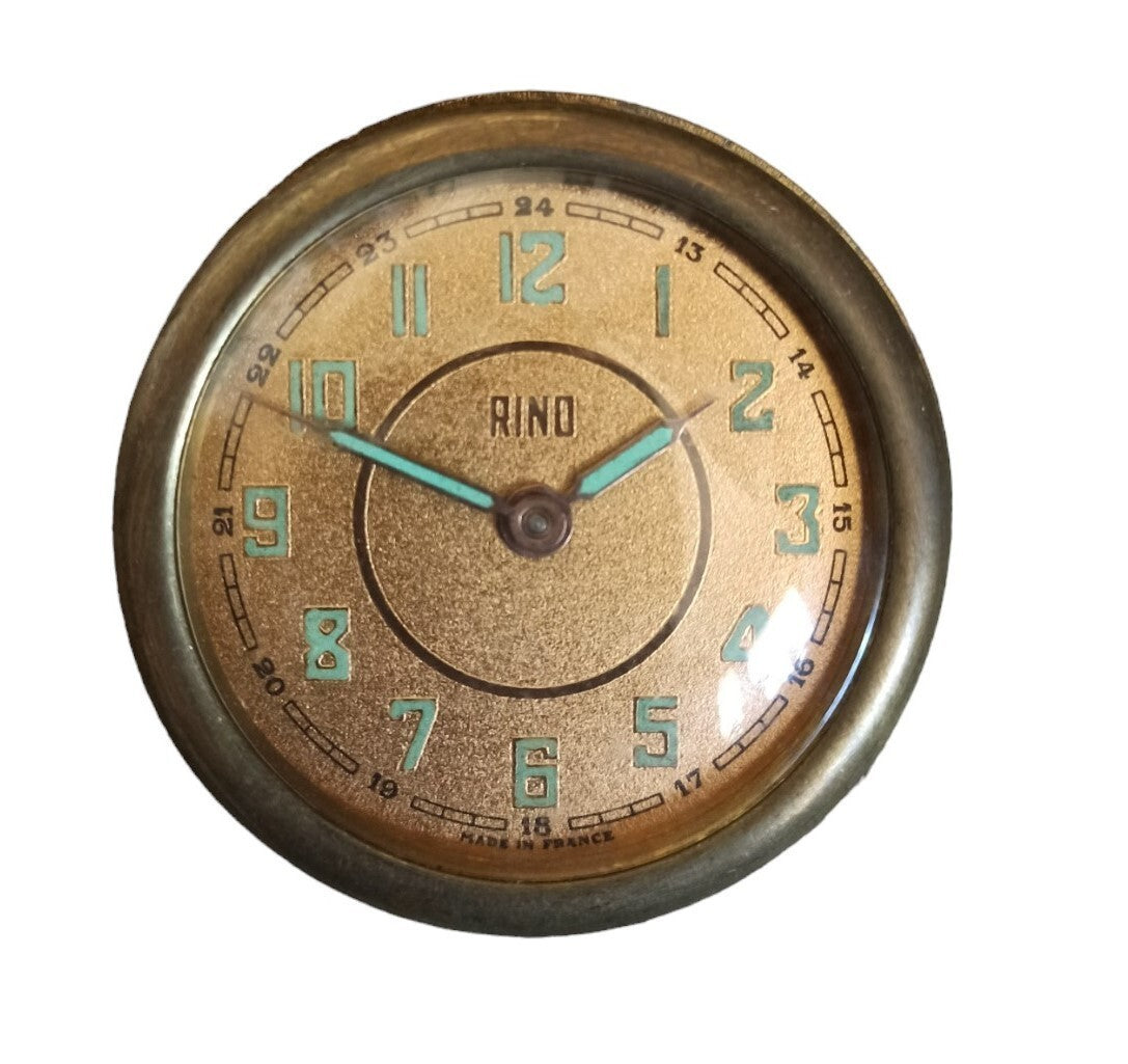 Horloge ancienne RINO vintage, cadran doré, mécanisme à remontoir, Made in Franc