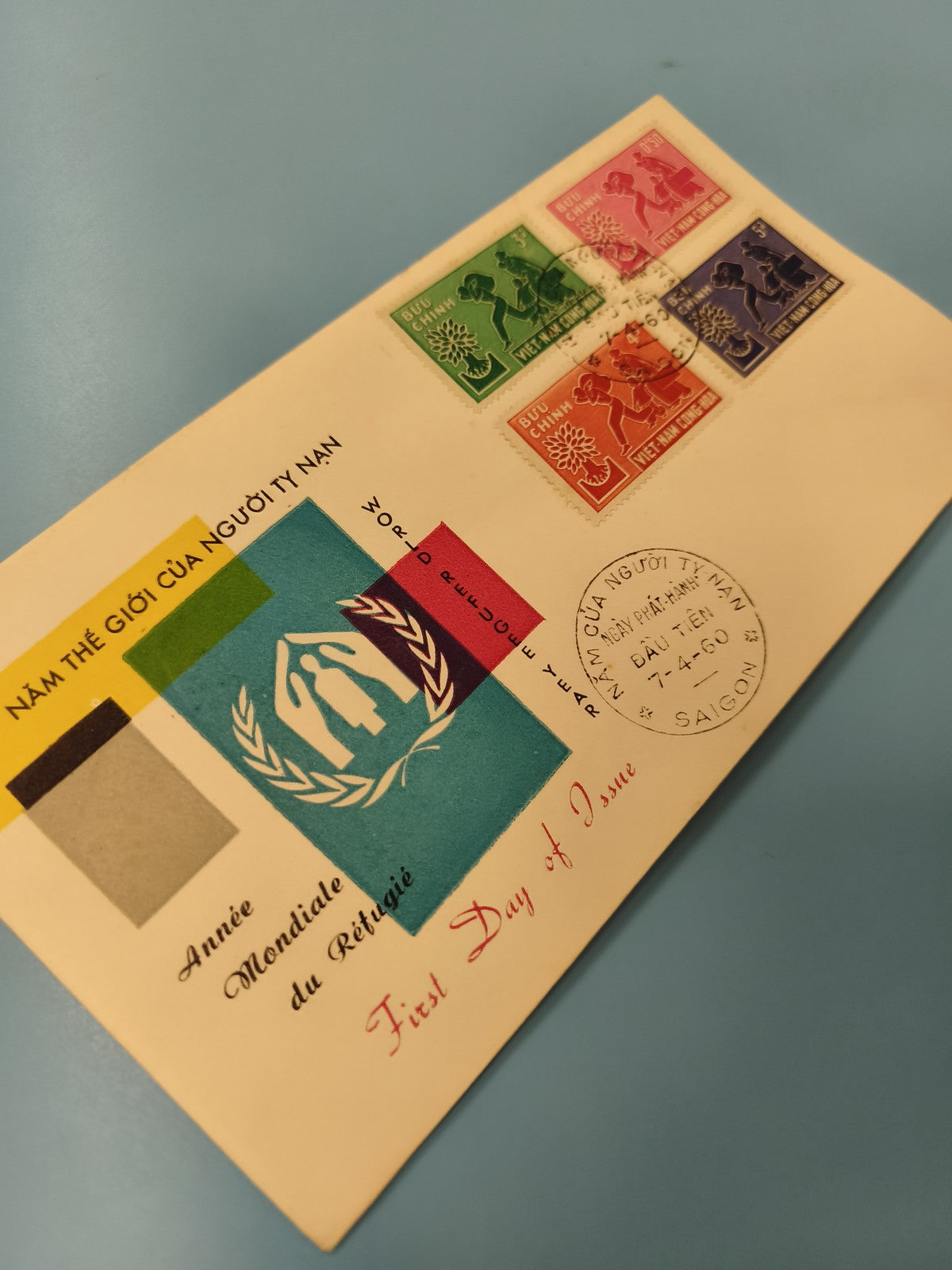 Ancienne enveloppe FDC Vietnam réfugiés 1960, timbres colorés, premier jour