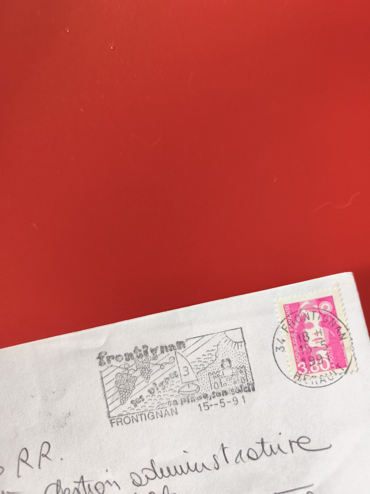 Enveloppe philatélie oblitérée Frontignan timbre 3,80F rose cachet 1991