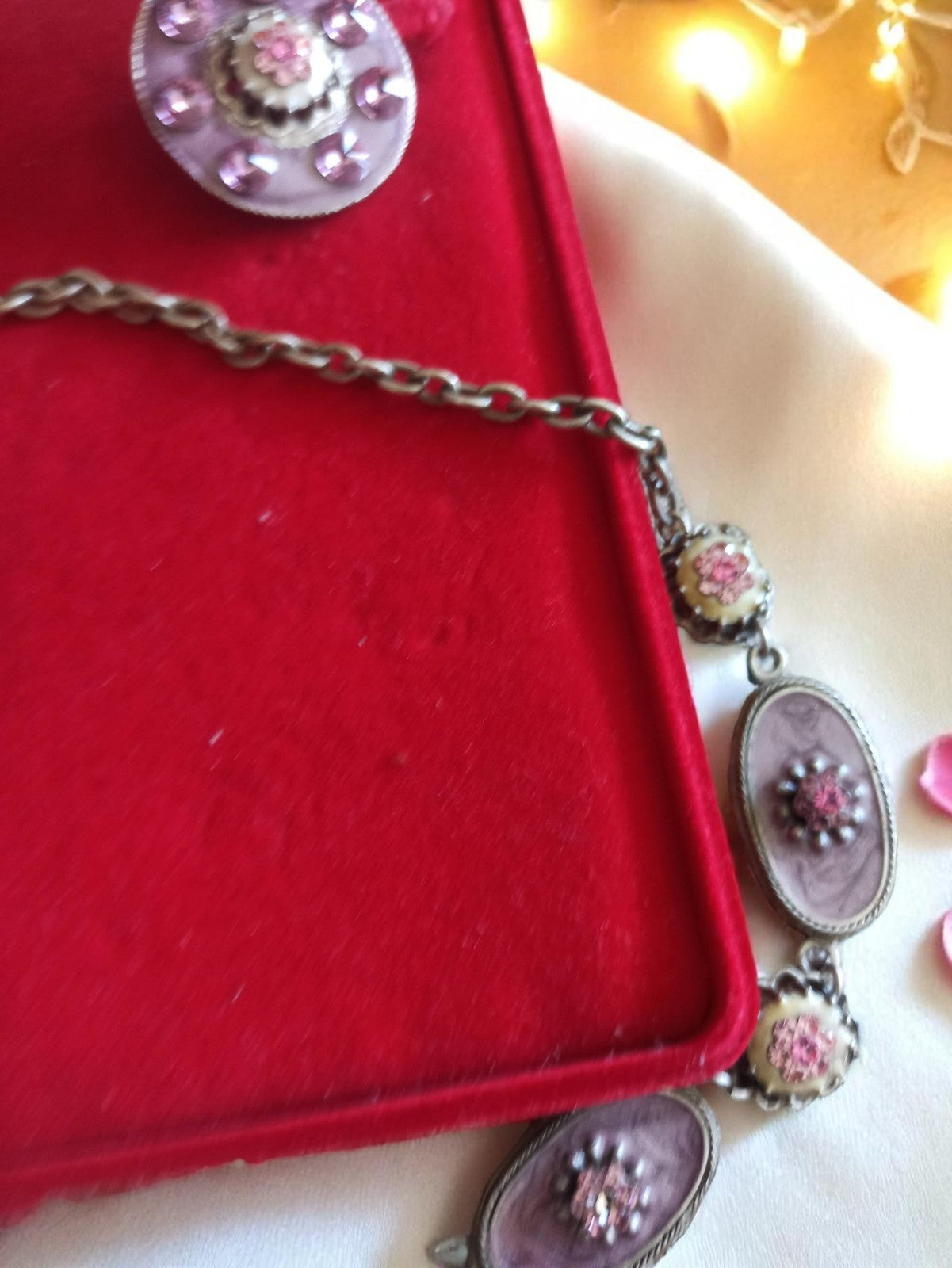 Parure vintage Dubin collier boucles d?oreilles fleurs violettes rétro