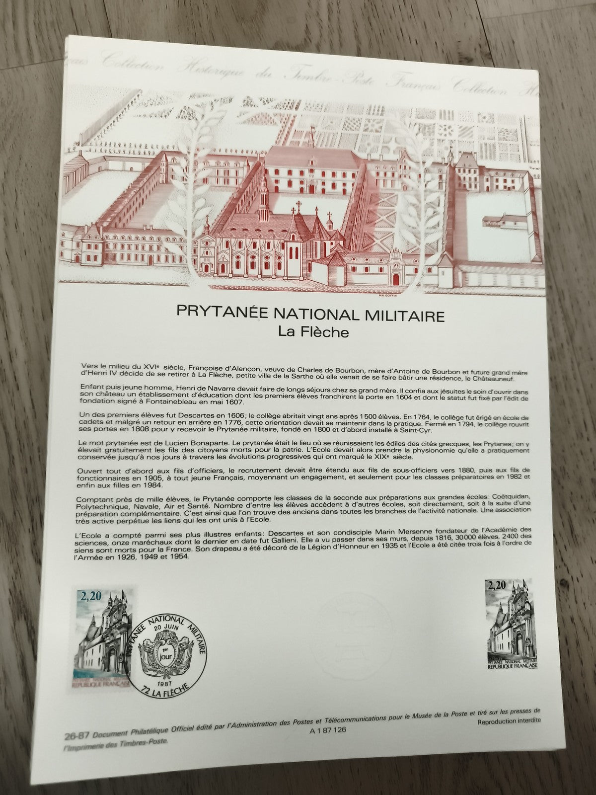 Document philatélique Prytanée National Militaire La Flèche timbres 1987