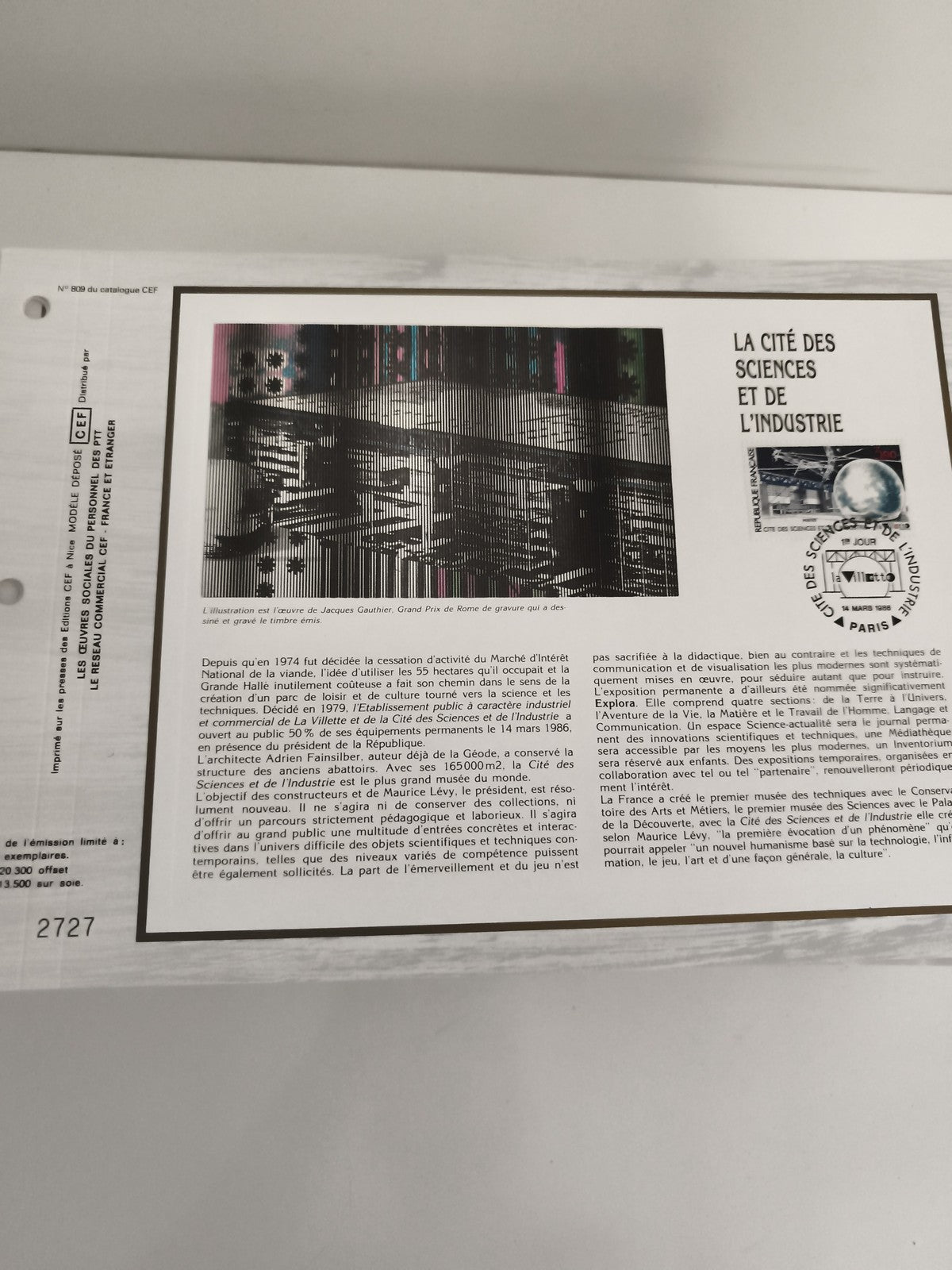 Feuillet philatélique CEF La Cité des Sciences et de l’Industrie timbre 1986