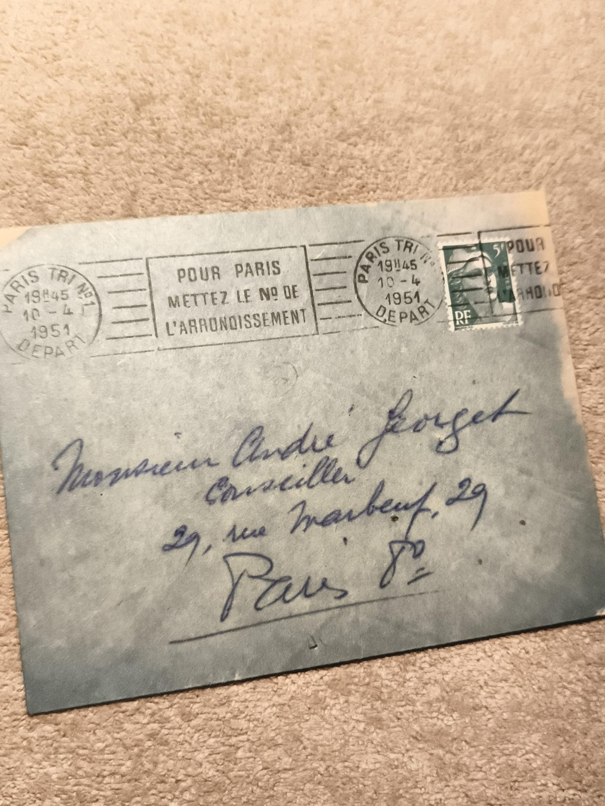 Lettre oblitérée Paris 1951 timbre RF vert philatélie courrier ancien (Ref 10)