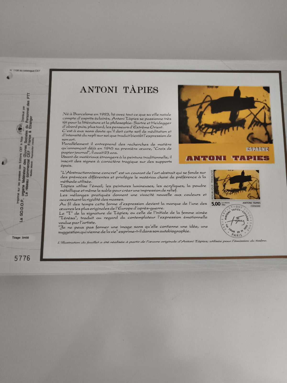 Feuillet CEF Antoni Tàpies Espagne timbre 5.00 philatélie tirage limité