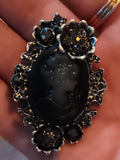 Broche camée vintage noire style victorien, strass, bijou ancien rétro