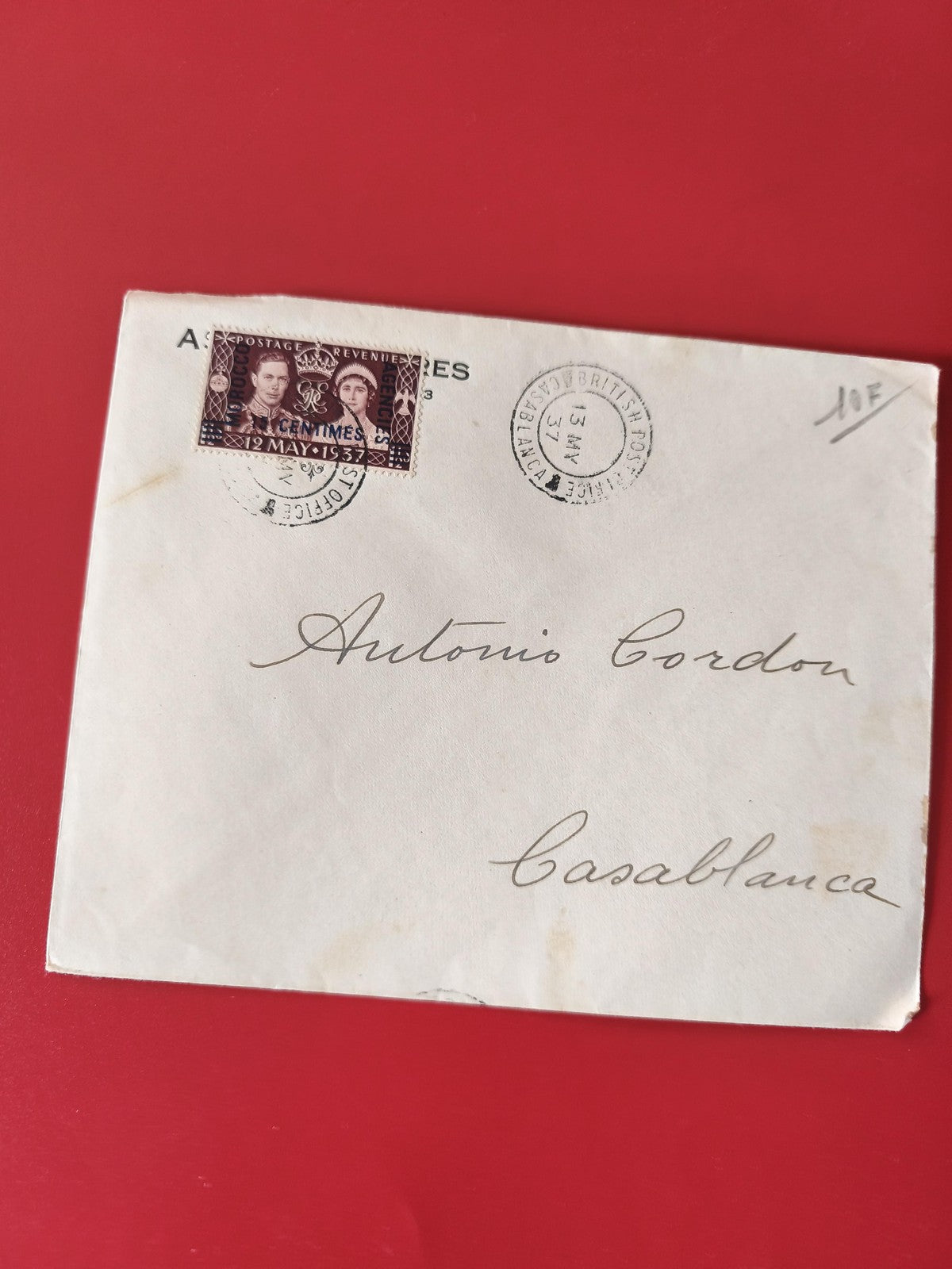 Enveloppe philatélie timbre 12 centimes Royaume-Uni oblitérée Casablanca