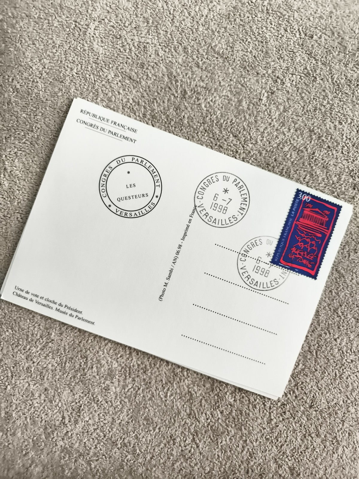 Carte postale Congrès Parlement Versailles 1998 timbre 3,00F philatélie