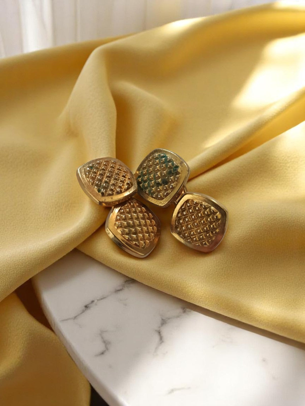 Vintage gold-plated cufflinks, elegant retro checkered pattern