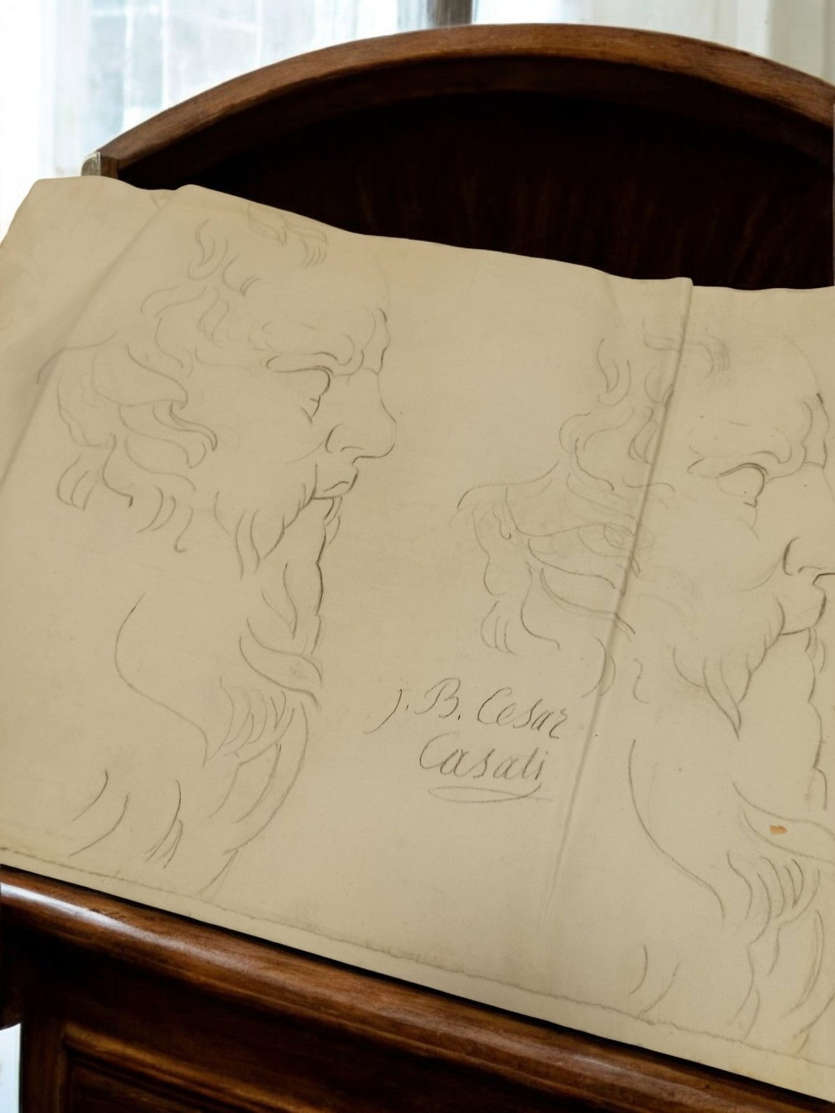 Dessin ancien signé J.B. Cesar Casali, profil barbu, œuvre vintage XIXe