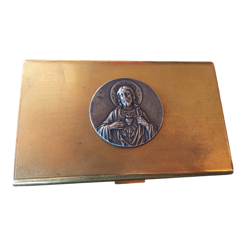 Boîte religieuse plate vintage Javrilier 1930s dorée médaillon Sacré-Cœur