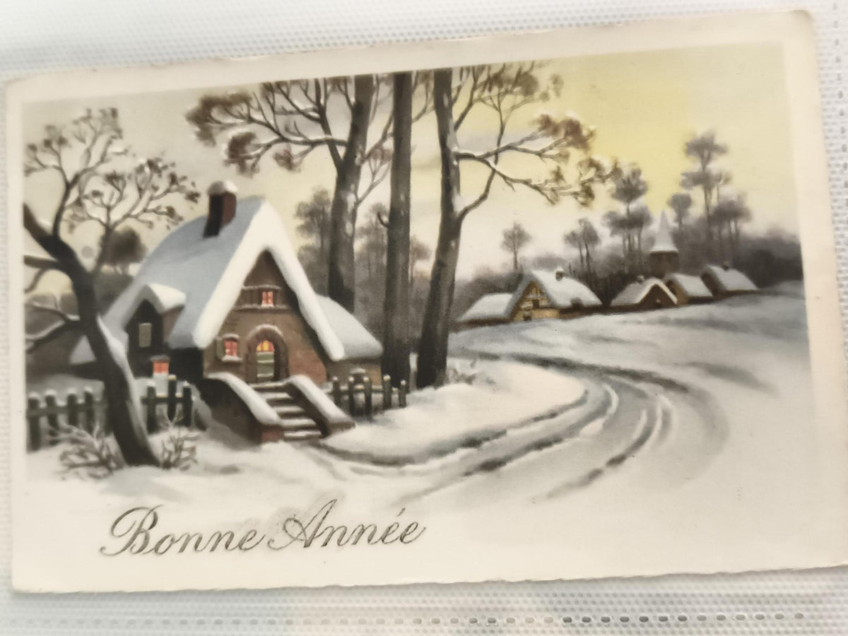 Carte postale ancienne Bonne Année hiver neige village vintage