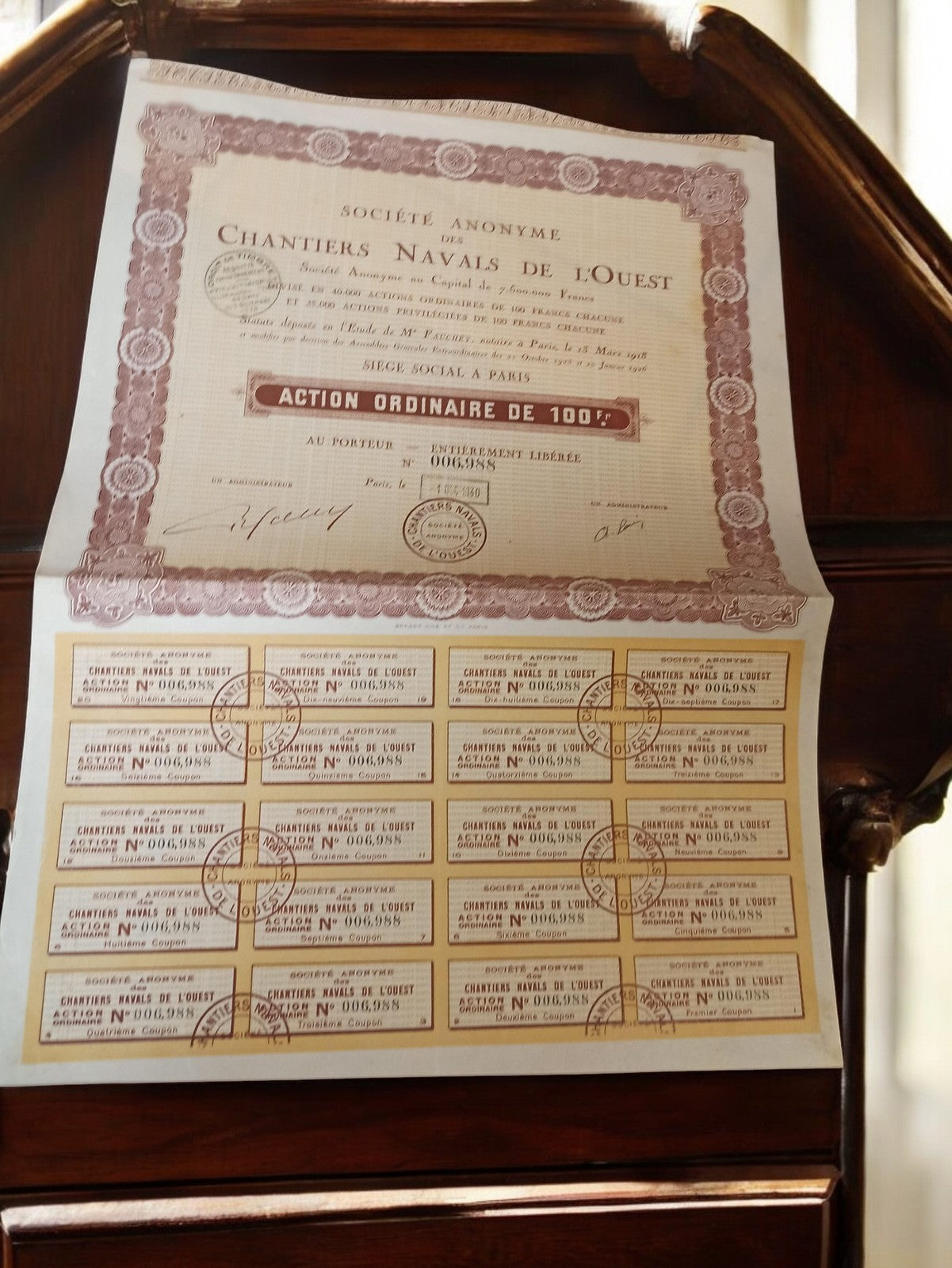 Action au porteur Chantiers Navals de l’Ouest 1920s document financier ancien