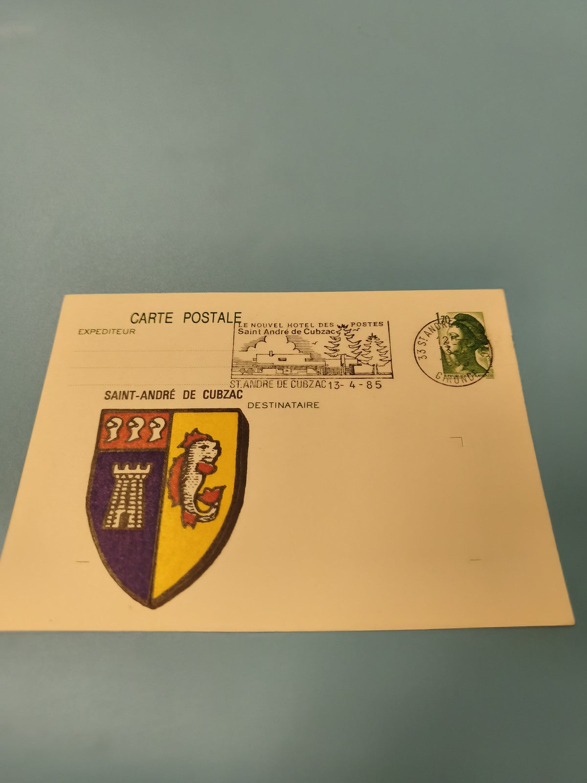 Carte postale philatélie Saint-André de Cubzac blason timbre oblitéré