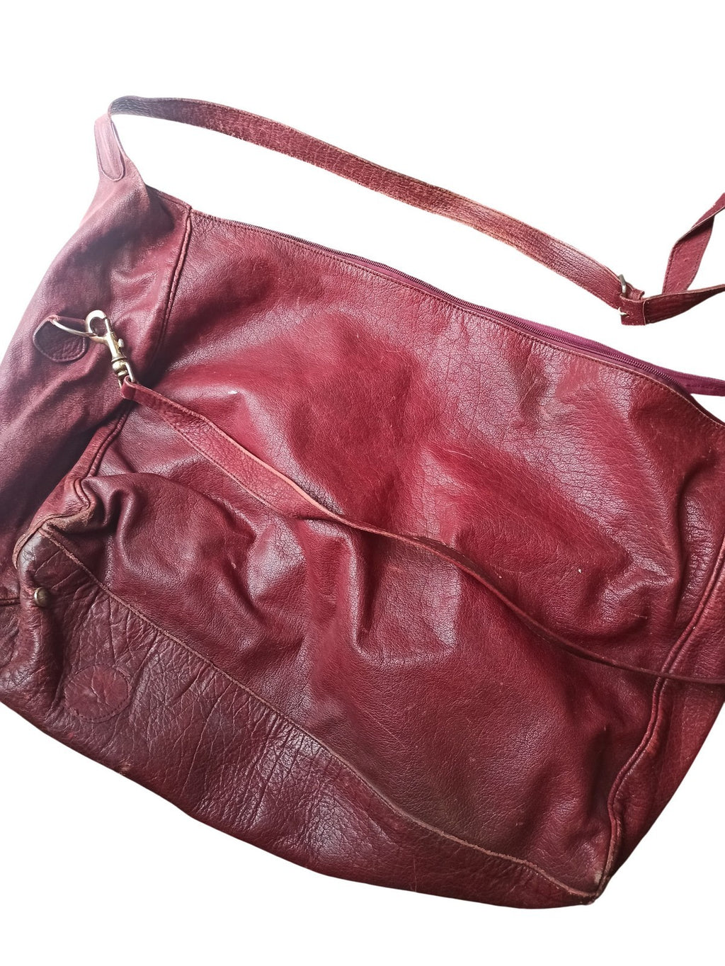 Sac à main vintage cuir bordeaux ancien, grand cabas rétro femme