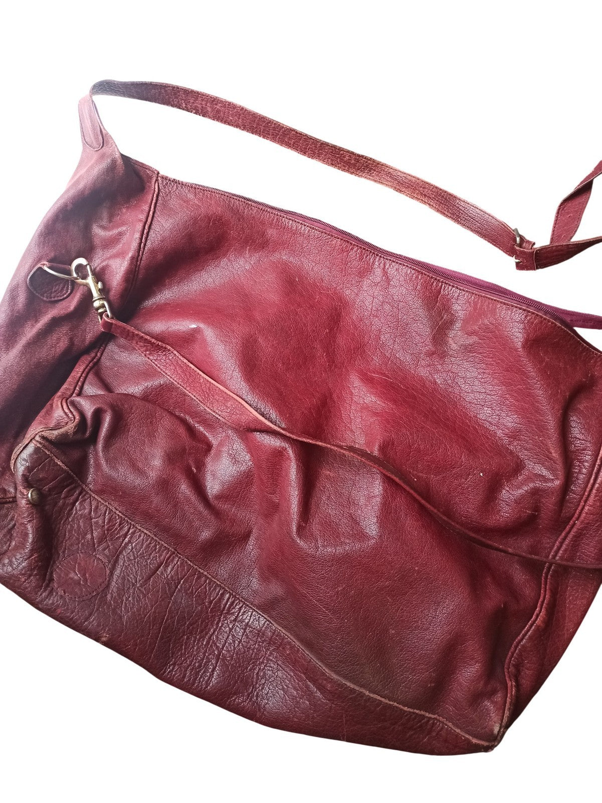 Sac à main vintage cuir bordeaux ancien, grand cabas rétro femme