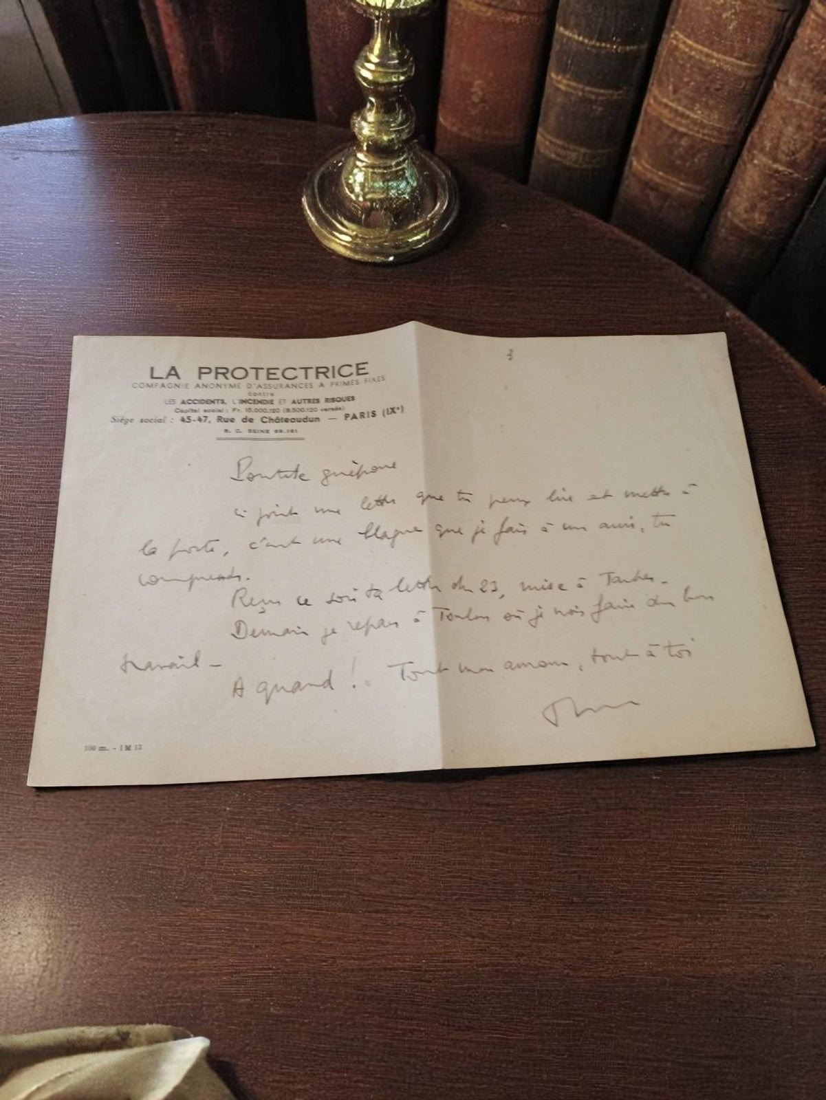 Lettre manuscrite ancienne LA PROTECTRICE Paris 1939-45 vintage papier époque gu