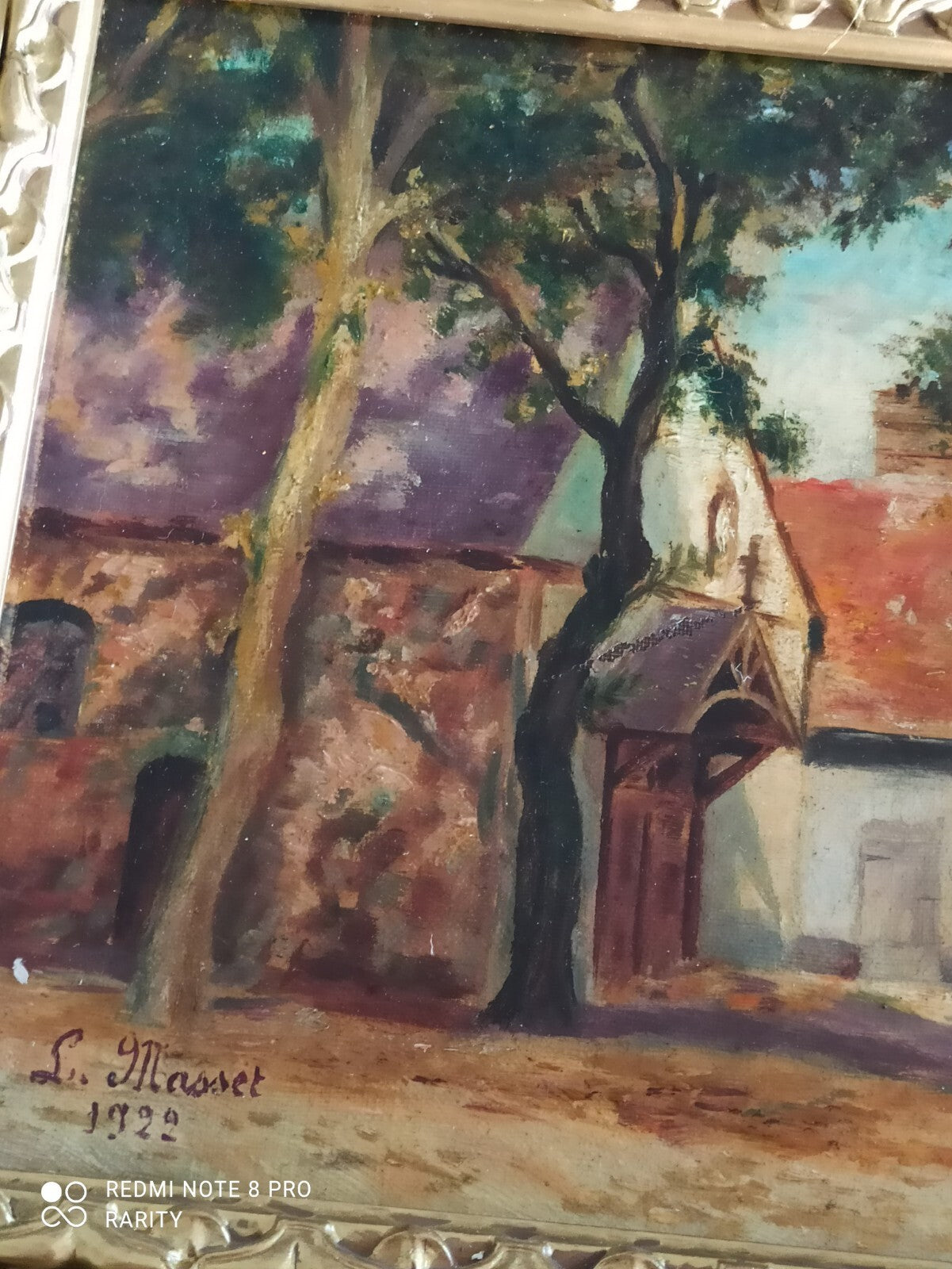 Peinture ancienne Laure Masset 1922 maison campagne cadre doré paysage