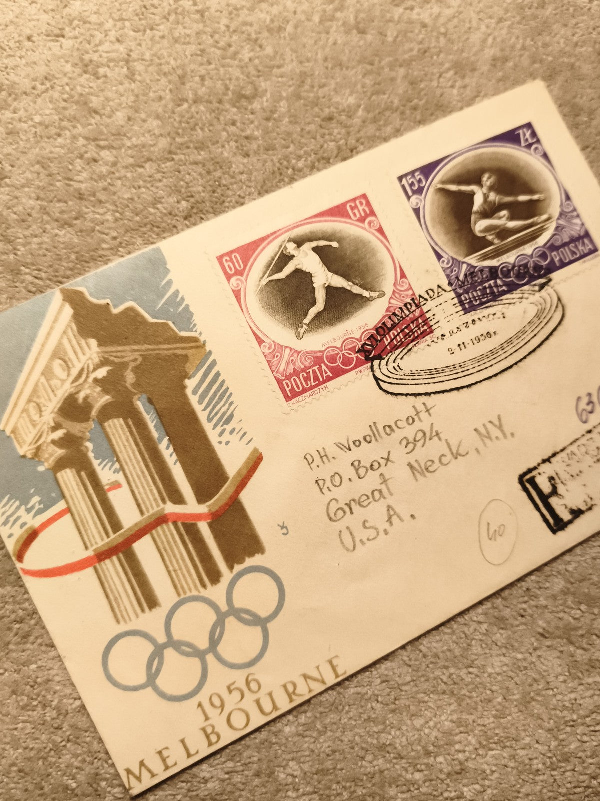 Lettre premier jour JO 1956 Melbourne timbres Pologne Olympiade philatélie (Ref