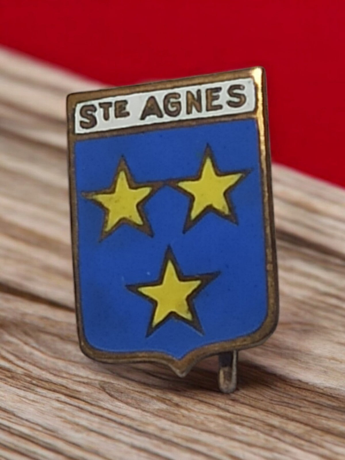 Broche ancienne blason Ste Agnès émaillée bleu doré, badge pin vintage héraldiqu