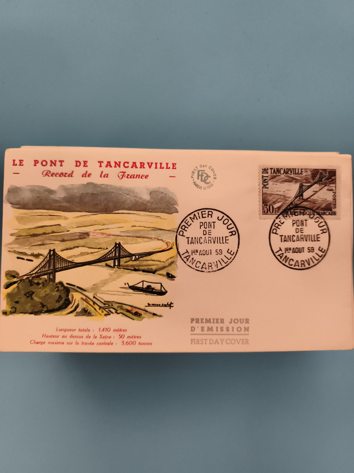 Lettre Premier Jour Pont de Tancarville 1959 FDC timbre 30c illustrée Seine