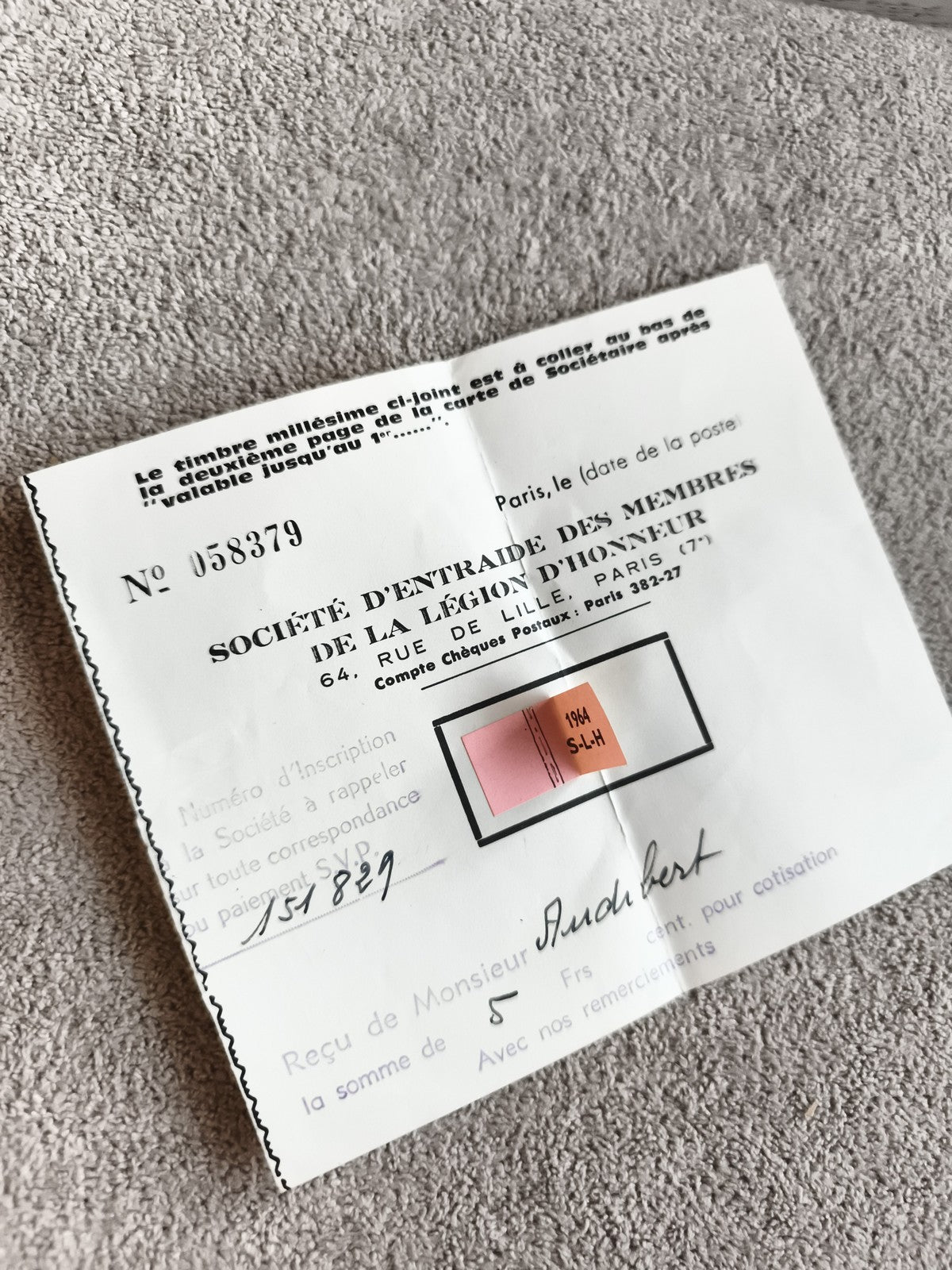Reçu ancien Société Légion d'Honneur 1964 Paris document vintage S.E.M.L.H.